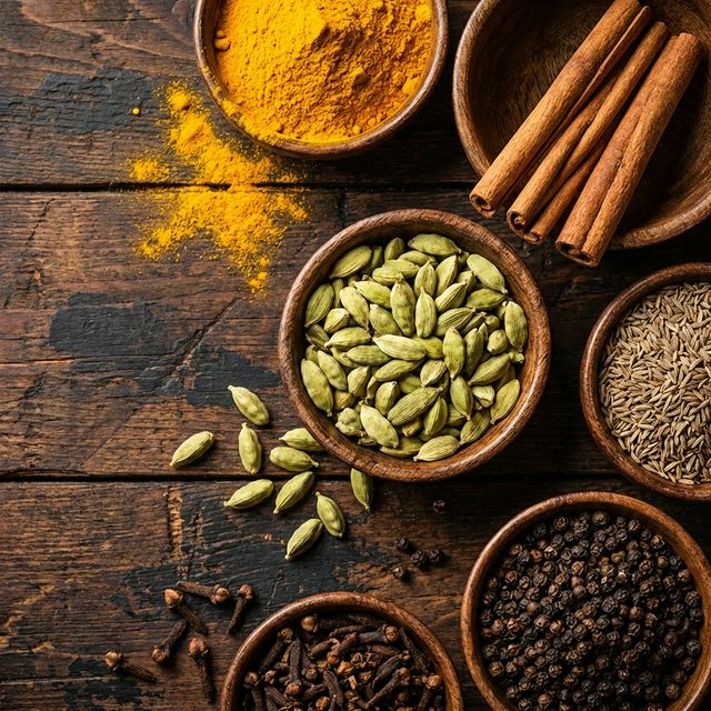 Colorful organic Indian spices in wooden bowls on a rustic table