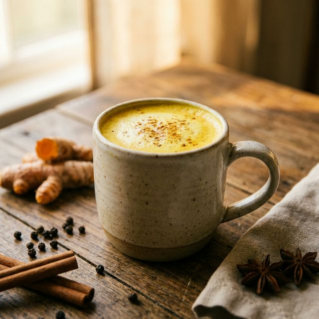 Golden turmeric milk latte with cinnamon and spices